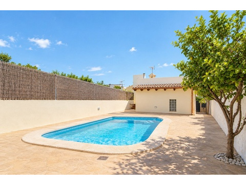 Einladender Poolbereich mit sonniger Terrasse und schattigem Baum für entspannte Stunden im Freien