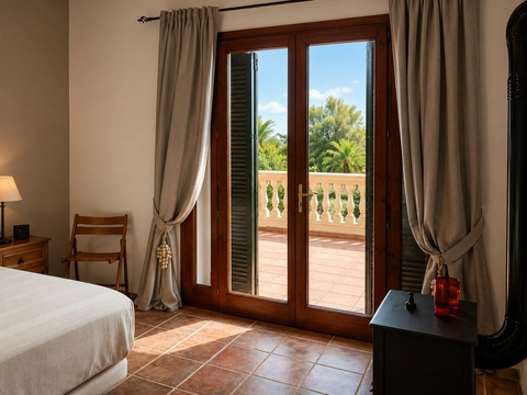 Schlafzimmer mit direktem Terrassenzugang und hochwertigen Holzschiebetüren