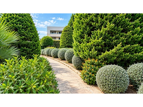 Gepflegter Gartenbereich mit strukturiertem Wegekonzept und vielfältiger Bepflanzung