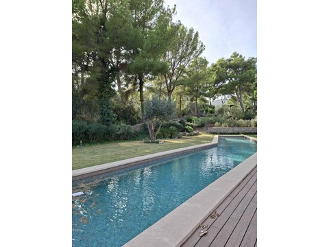 Swimmingpool mit hochwertiger Holzterrasse und parkähnlichem Gartenambiente