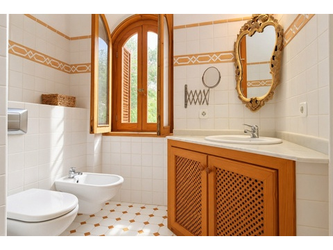 Badezimmer mit Holzausstattung, Bidet und natürlicher Lichtzufuhr durch Fenster