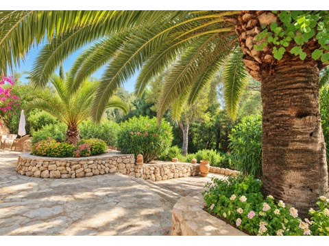Schattenspendende Palmenüberdachung mit gepflastertem Terrassenbereich und Natursteinmauern