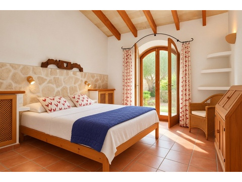 Schlafzimmer mit Natursteinakzent, Holzbalkendecke und Glastüre zur Terrasse