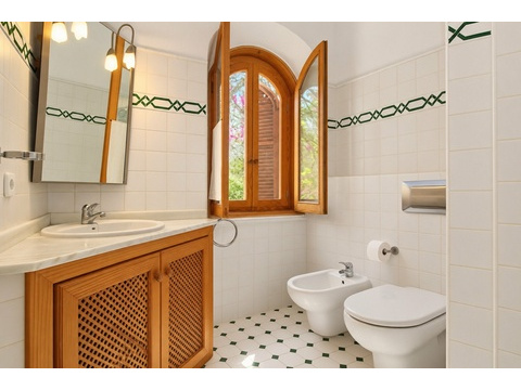 Elegantes Badezimmer mit Holzwaschtisch, Bidet und großflächiger Fensterfront