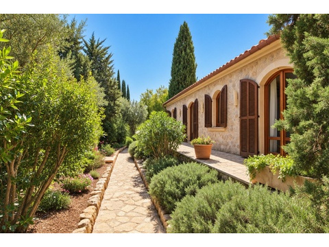 Gepflegter Zugangsweg mit mediterraner Bepflanzung und architektonischen Rundbogendetails