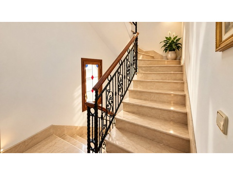 Repräsentative Treppenhalle mit Natursteinbelag und eleganter Schmiedeeisen-Balustrade - Verbindung...