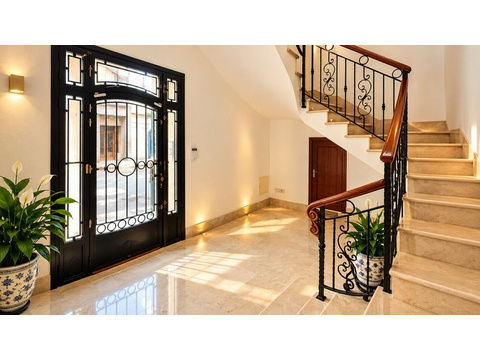 Repräsentativer Eingangsbereich mit Natursteinboden und eleganter Treppe mit Schmiedeeisen-Geländer