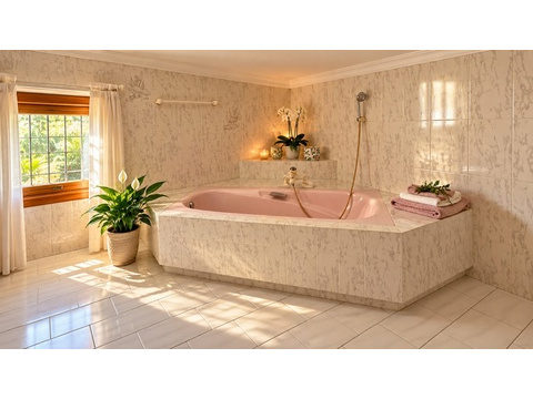 Luxuriöses Badezimmer mit freistehender Wanne und marmorierten Wandflächen - Wellness-Oase mit...