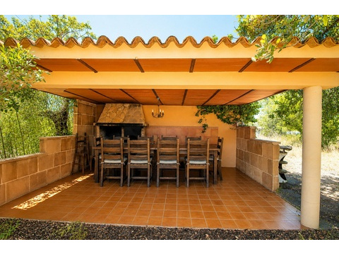 Überdachte Grillterrasse mit massivem Holzgebälk und integriertem Kaminofen