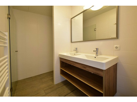 Ferienhaus Ouddorp Badezimmer Doppelwaschbecken Holz Roompot07