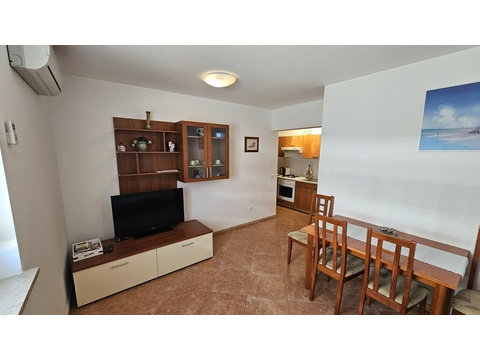 Wohnbereich mit Fernseher, Esstisch und Küche