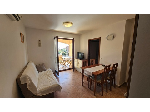 Wohnzimmer mit Schlafsofa und Zugang zur Terrasse