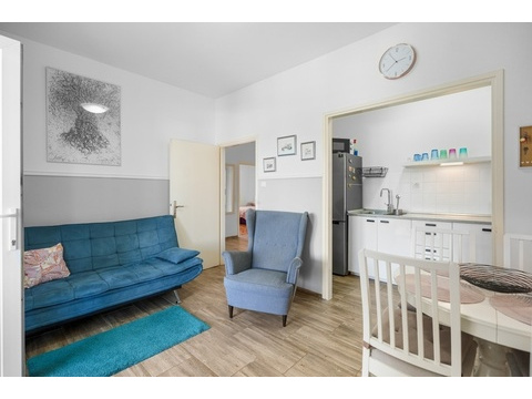 Wohnzimmer mit Sofa und Blick in die Küche