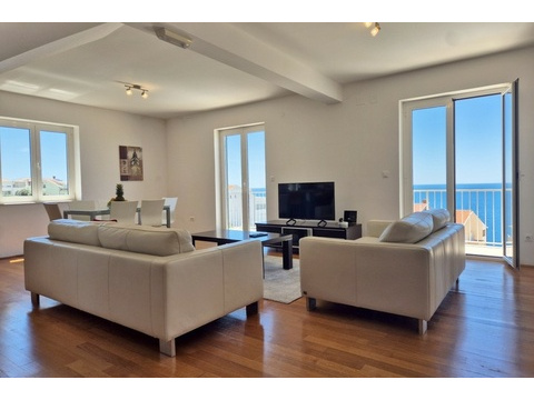 Wohnzimmer mit Ledersofas und Meerblick