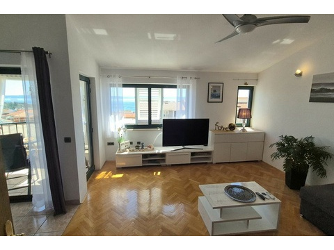 Wohnzimmer mit Fernseher und Deckenventilator