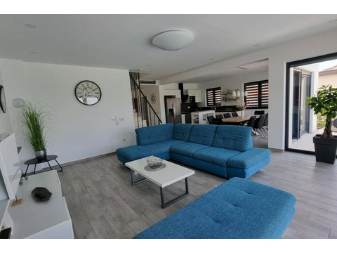Wohnzimmer mit blauem Ecksofa