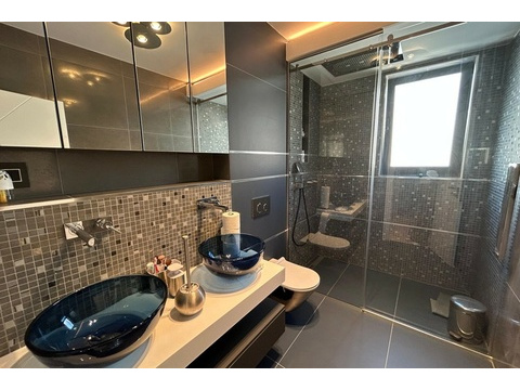 Badezimmer mit zwei Glasbecken und Dusche