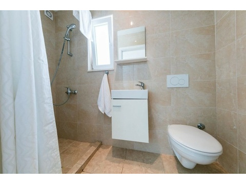 Badezimmer mit Dusche und Fenster