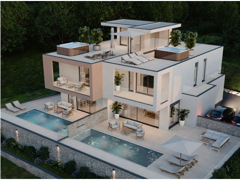 Ansicht von oben mit Pools und Dachterrassen
