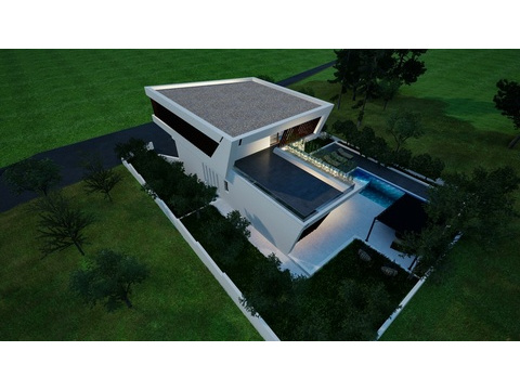 Villa mit Terrassen und Garten von oben gesehen