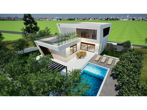 Pool, Sonnenliegen und überdachte Terrasse