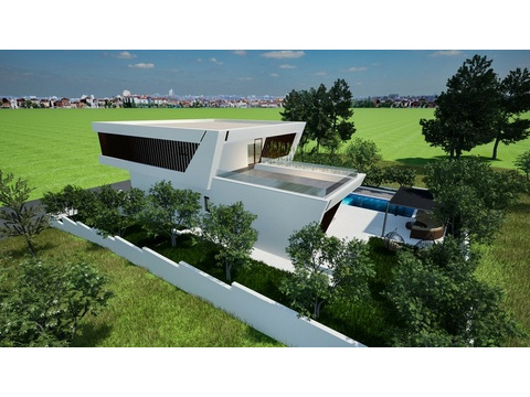 Seitenansicht der Villa mit Pool und Garten