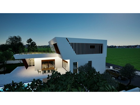 Villa am Abend mit beleuchteter Terrasse