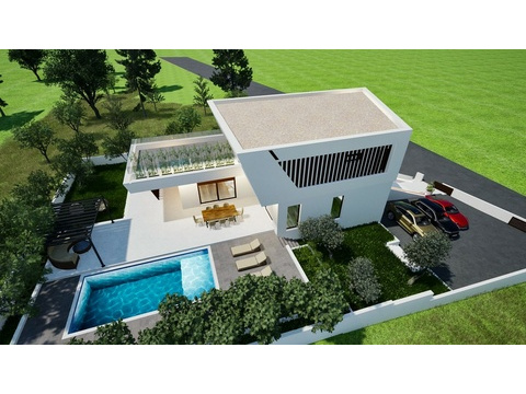 Villa mit Pool und Zufahrt aus der Vogelperspektive