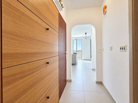 Flur mit Wandschrank und Blick ins Wohnzimmer