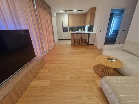 Möbliertes Wohnzimmer mit Holzboden und Sofa