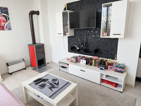Wohnzimmer mit Pelletofen und Fernseher