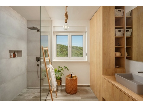 Badezimmer mit Dusche und Regal aus Holz